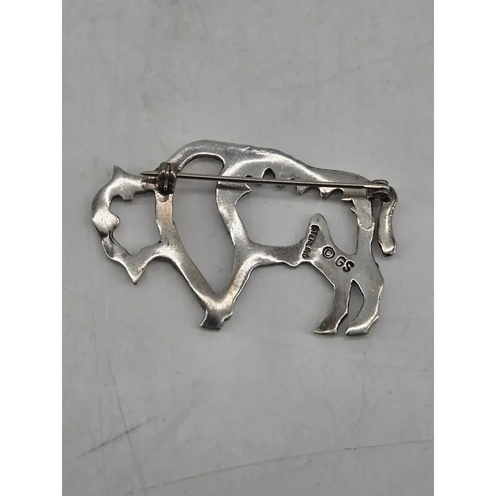 Vtg 70s Sterling Navajo GS Glen Irene Sandoval Buffalo Bison Outline Brooch Pin